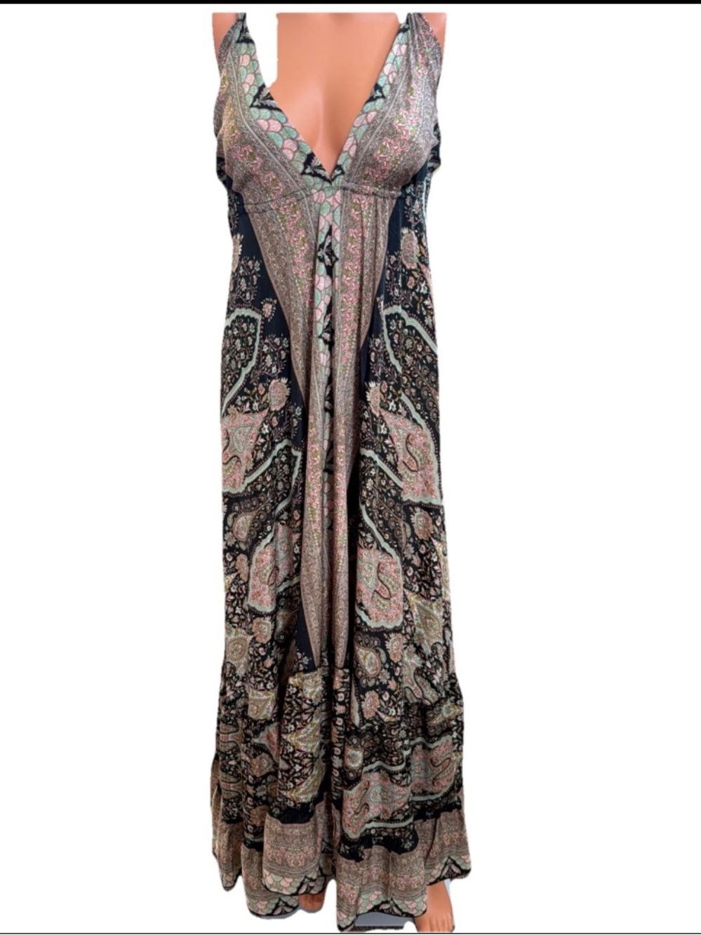 🆕Karma Highway V-Neck Black Paisley Maxi Dress  Pink Accents Swoop Back tassel